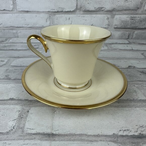 Lenox Fine China ETERNAL Footed Tea Cup 3” & Saucer Set Gold Rim Ivory - Picture 1 of 5